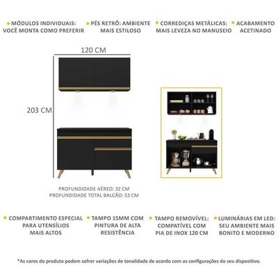 Armário De Cozinha Compacta 120cm Com Leds Veneza Up Multimóveis V2012 Preto/dourado Preto/dourado