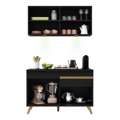Armário De Cozinha Compacta 120cm Com Leds Veneza Up Multimóveis V2012 Preto/dourado Preto/dourado