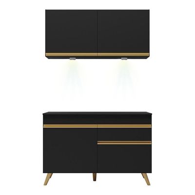 Armário De Cozinha Compacta 120cm Com Leds Veneza Up Multimóveis V2012 Preto/dourado Preto/dourado