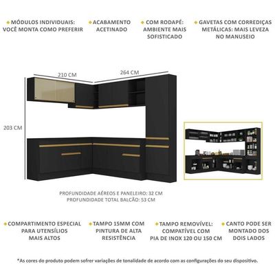Armário De Cozinha Completa De Canto V2100 Preto/dourado