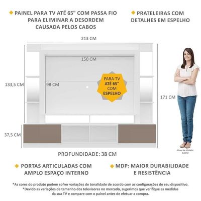 Estante Tv 65" Espelho Multimóveis V3393 Branca/lacca Fumê
