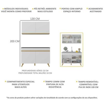 Armário De Cozinha Compacta 120cm Veneza Multimóveis V2141 Branco/dourado Branco/dourado