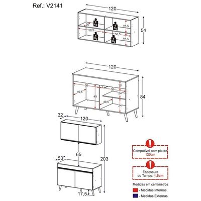 Armário De Cozinha Compacta 120cm Veneza Multimóveis V2141 Branco/dourado Branco/dourado