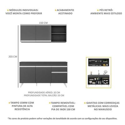 Armário De Cozinha Compacta 150cm Multimóveis Preto/branco