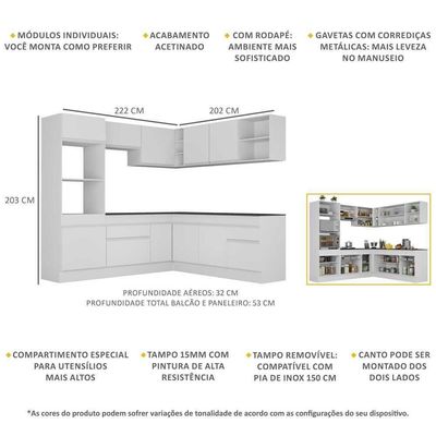 Armário De Cozinha Completa De Canto Com Rodapé Veneza Multimóveis V2080 Branco Branco