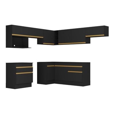 Armário De Cozinha Completa De Canto Com Rodapé Veneza Multimóveis V2106 Preto/dourado