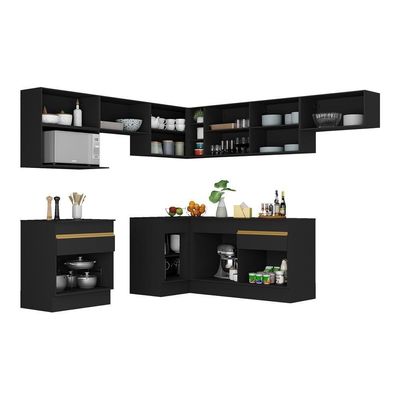 Armário De Cozinha Completa De Canto Com Rodapé Veneza Multimóveis V2106 Preto/dourado