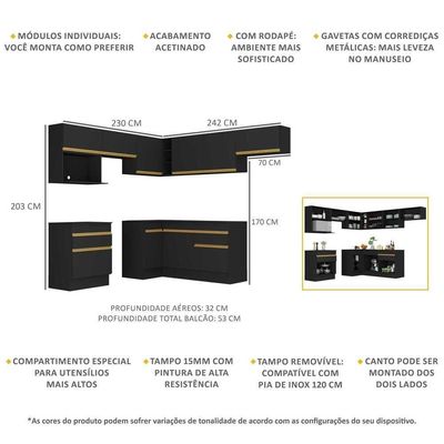 Armário De Cozinha Completa De Canto Com Rodapé Veneza Multimóveis V2106 Preto/dourado