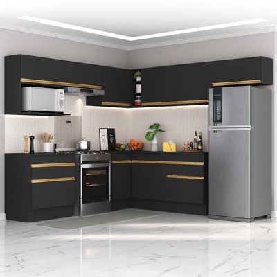 Armário De Cozinha Completa De Canto Com Rodapé Veneza Multimóveis V2106 Preto/dourado