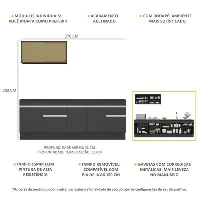 Armário De Cozinha Compacta 270cm Com Rodapé Veneza Multimóveis V2112 Preto/branco Preto/branco
