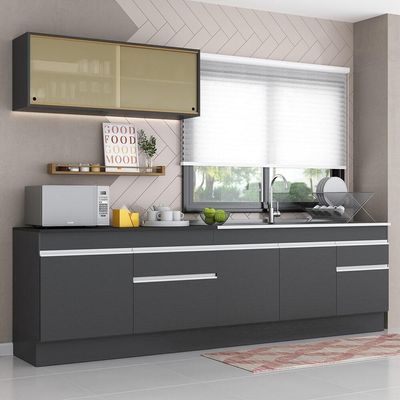 Armário De Cozinha Compacta 270cm Com Rodapé Veneza Multimóveis V2112 Preto/branco Preto/branco