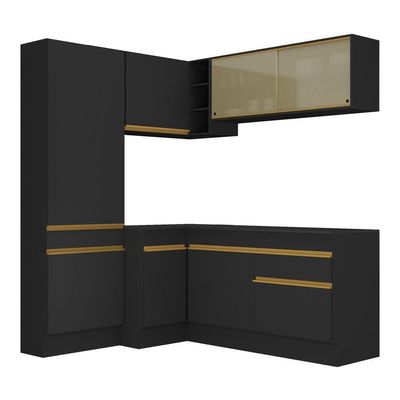 Armário De Cozinha Completa De Canto Com Rodapé Veneza Multimóveis V2089 Preto/dourado Preto/dourado