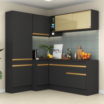 Armário De Cozinha Completa De Canto Com Rodapé Veneza Multimóveis V2089 Preto/dourado Preto/dourado