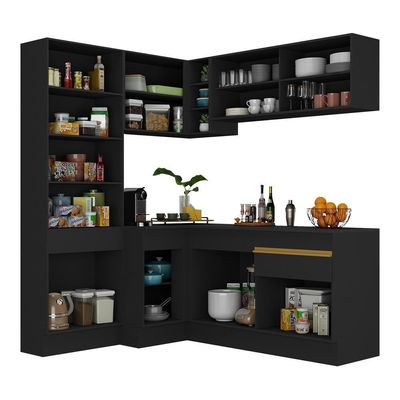 Armário De Cozinha Completa De Canto Com Rodapé Veneza Multimóveis V2089 Preto/dourado Preto/dourado