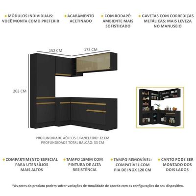 Armário De Cozinha Completa De Canto Com Rodapé Veneza Multimóveis V2089 Preto/dourado Preto/dourado