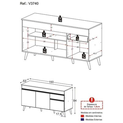 Balcão Cozinha Gabinete Pia 150cm 3 Portas 1 Gaveta Veneza Multimóveis V3740 Preto/branco