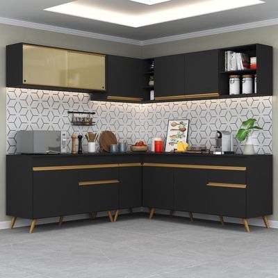 Cozinha Completa De Canto Mp2061 Com Armário E Balcão Preta