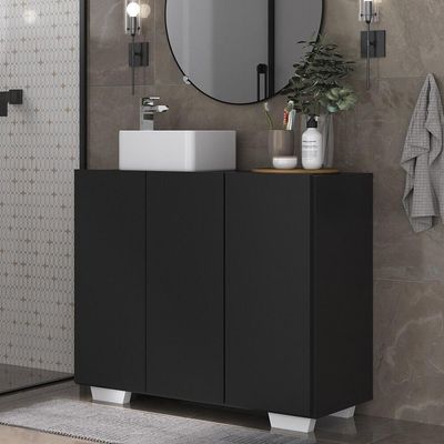 Gabinete Banheiro 3 Portas 90Cm Mp5031 Preto/Branco