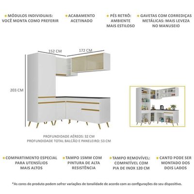Armário De Cozinha Completa De Canto V2053 Branco/dourado