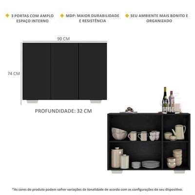 Aparador Buffet 3 Portas Multimóveis V1010 Preto/Branco