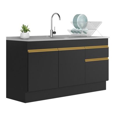 Balcão Cozinha Gabinete Pia 150cm Com Rodapé 3 Portas 1 Gaveta Veneza V2115 Preto/dourado
