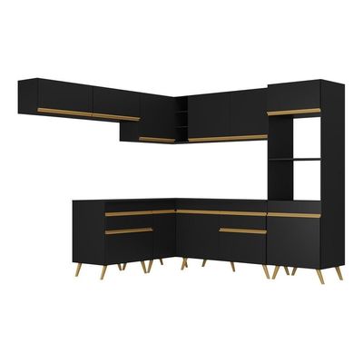 Armário De Cozinha Completa De Canto Veneza Multimóveis V2070 Preto/dourado Preto/dourado