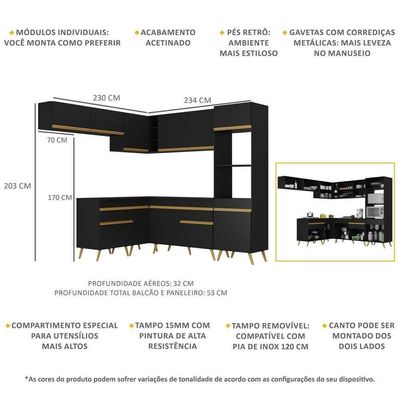 Armário De Cozinha Completa De Canto Veneza Multimóveis V2070 Preto/dourado Preto/dourado