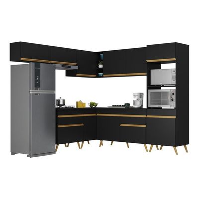 Armário De Cozinha Completa De Canto Veneza Multimóveis V2070 Preto/dourado Preto/dourado