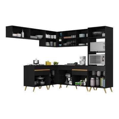 Armário De Cozinha Completa De Canto Veneza Multimóveis V2070 Preto/dourado Preto/dourado