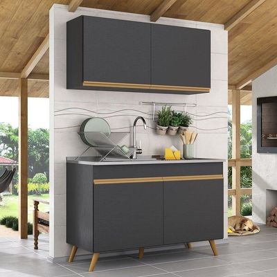 Armário De Cozinha Compacta 120cm Veneza Multimóveis V2141 Preto/dourado Preto/dourado