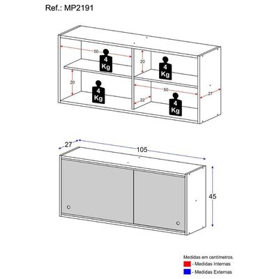 Armário De Cozinha Aéreo 105cm 2 Portas De Correr Em Vidro Siena Multimóveis Mp2191 Branco Branco