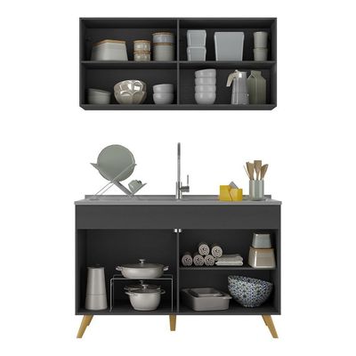 Armário De Cozinha Compacta 120cm Veneza Multimóveis V2141 Preto/dourado Preto/dourado