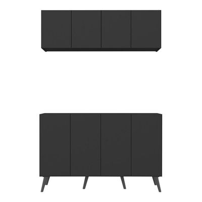 Kit Armário De Cozinha Aéreo E Balcão 4 Portas Retrô Multimóveis Mp2170 Preto Preto