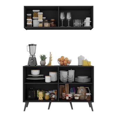 Kit Armário De Cozinha Aéreo E Balcão 4 Portas Retrô Multimóveis Mp2170 Preto Preto