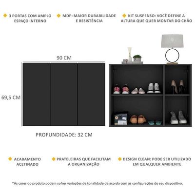 Sapateira 3 Portas Suspensa Nina Mp6017 Preta