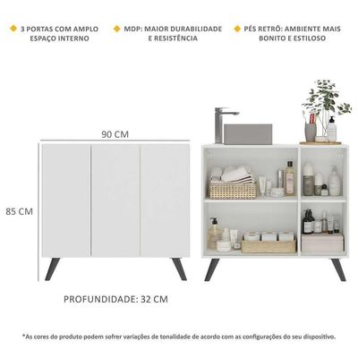 Gabinete Banheiro 3 Portas Retrô 90Cm Multimóveis V5030