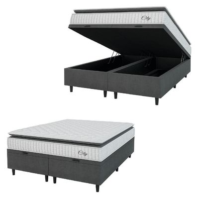 Cama Box Baú Colchão Casal King Molas Ensacadas City Pillow Top 193x203x64cm Cinza Branco