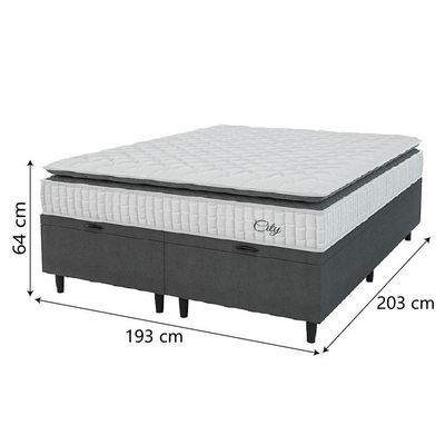 Cama Box Baú Colchão Casal King Molas Ensacadas City Pillow Top 193x203x64cm Cinza Branco
