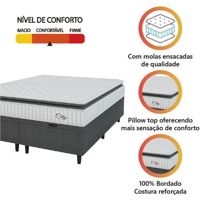 Cama Box Baú Colchão Casal King Molas Ensacadas City Pillow Top 193x203x64cm Cinza Branco