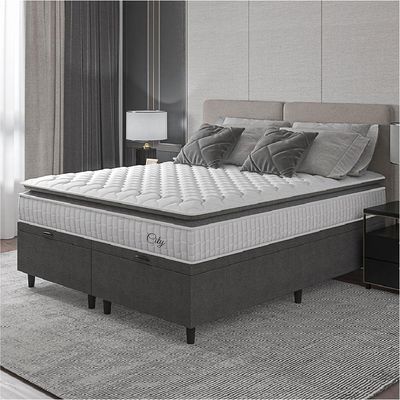 Cama Box Baú Colchão Casal King Molas Ensacadas City Pillow Top 193x203x64cm Cinza Branco