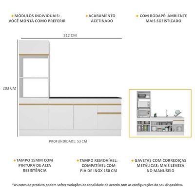 Armário De Cozinha Compacta 212cm Com Rodapé Veneza Multimóveis V2113 Branco/dourado Branco/dourado