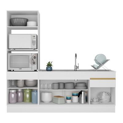 Armário De Cozinha Compacta 212cm Com Rodapé Veneza Multimóveis V2113 Branco/dourado Branco/dourado