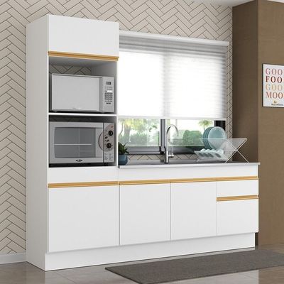 Armário De Cozinha Compacta 212cm Com Rodapé Veneza Multimóveis V2113 Branco/dourado Branco/dourado