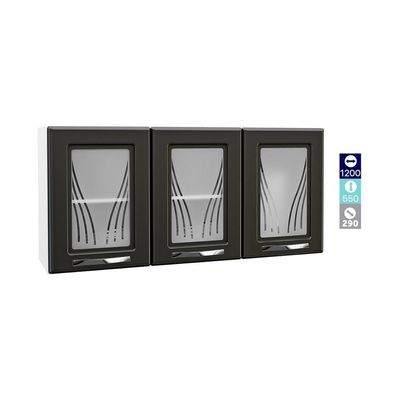 Armário De Cozinha De Aço Aéreo Triplo 120cm Branco preto
