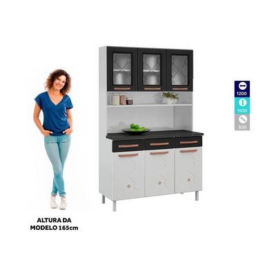 Armário De Cozinha De Aço Kit Triplo 120cm Branco preto