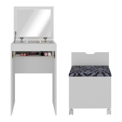 Penteadeira 54cm Com Espelho 1 Gaveta 1 Porta Basculante E Puff Multimóveis CR35251 Branco/preto