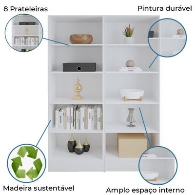 Estante Livreiro Multiuso Mirage 8 Prateleiras 1,77m Branco Viero Branco