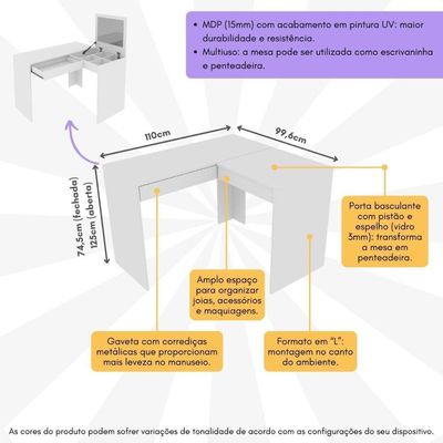 Escrivaninha/pentedeira De Canto 110cm Com Espelho E 1 Gaveta Multimóveis Cr40119 Branco