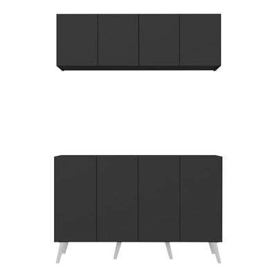 Kit Armário Cozinha Aéreo Balcão 4 Portas Retrô Mp2170 Preto/branco