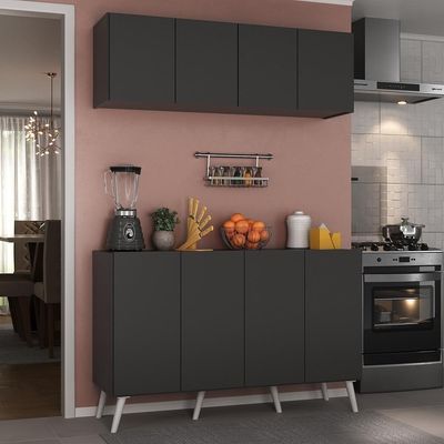Kit Armário Cozinha Aéreo Balcão 4 Portas Retrô Mp2170 Preto/branco